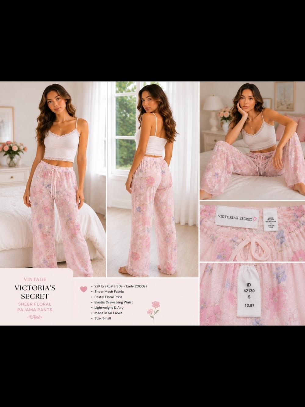 Victoria's Secret Vintage Y2K Pink Floral Sheer Pajama Pants Smal